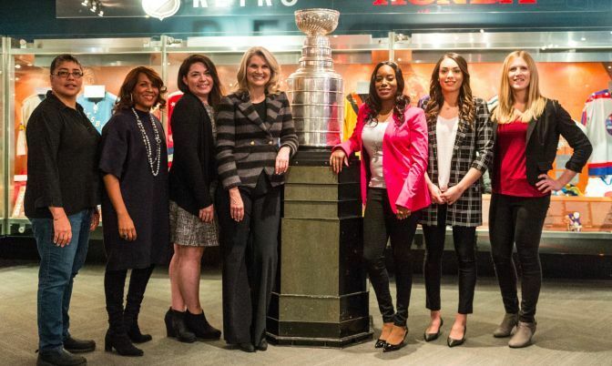 At the Hockey Is Her: Celebrating women in hockey event. L-R: Angela James (4X IIHF World Women’s Champio), Kim Davis (Executive Vice President, Social Impact, Growth Initiatives, & Legislative Affairs, NHL), Jennifer Chefero (Assistant Coach, Scarborough Wexford Raiders), Christine Simpson (Reporter, NHL on Sportsnet), Ainka Jess (founder She’s4Sports), Sarah Nurse (Olympic silver medalist -Team Canada, CWHL player, Toronto Furies) and Jessica Platt (CWHL player, Toronto Furies).