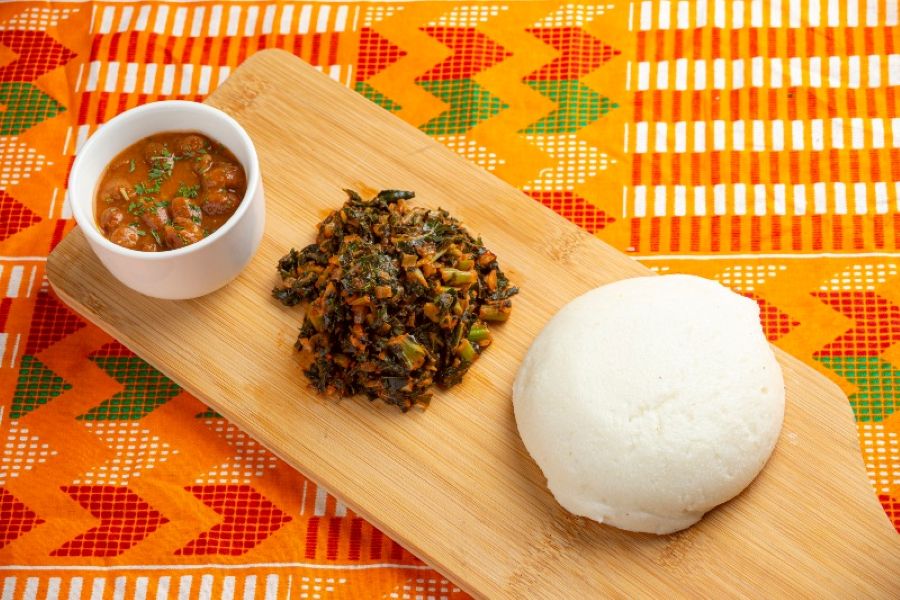 Sadza, bean stew and fried kale