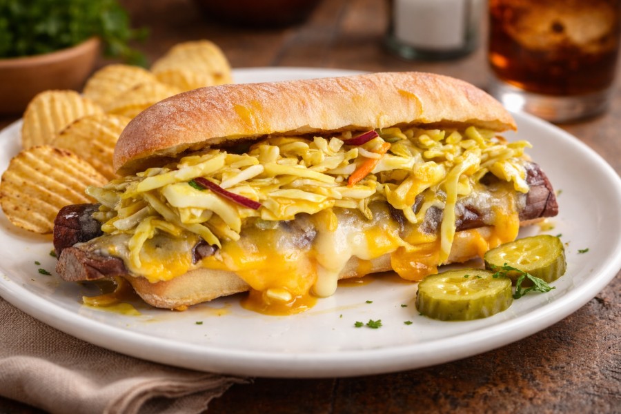 Sandwich packed with pepperoni, melted cheese and vegetables