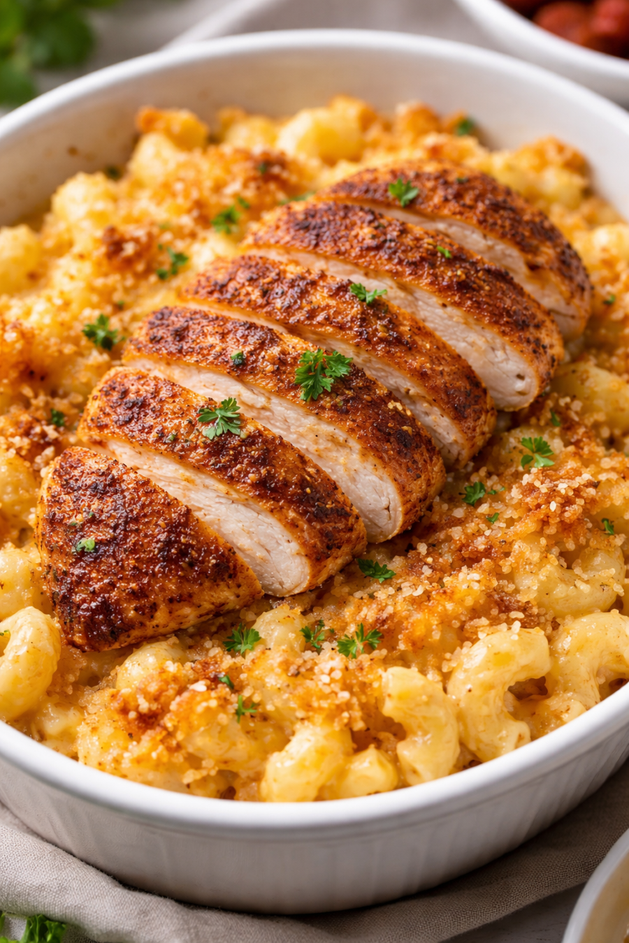 Baked mac and cheese with Cajun chicken on top