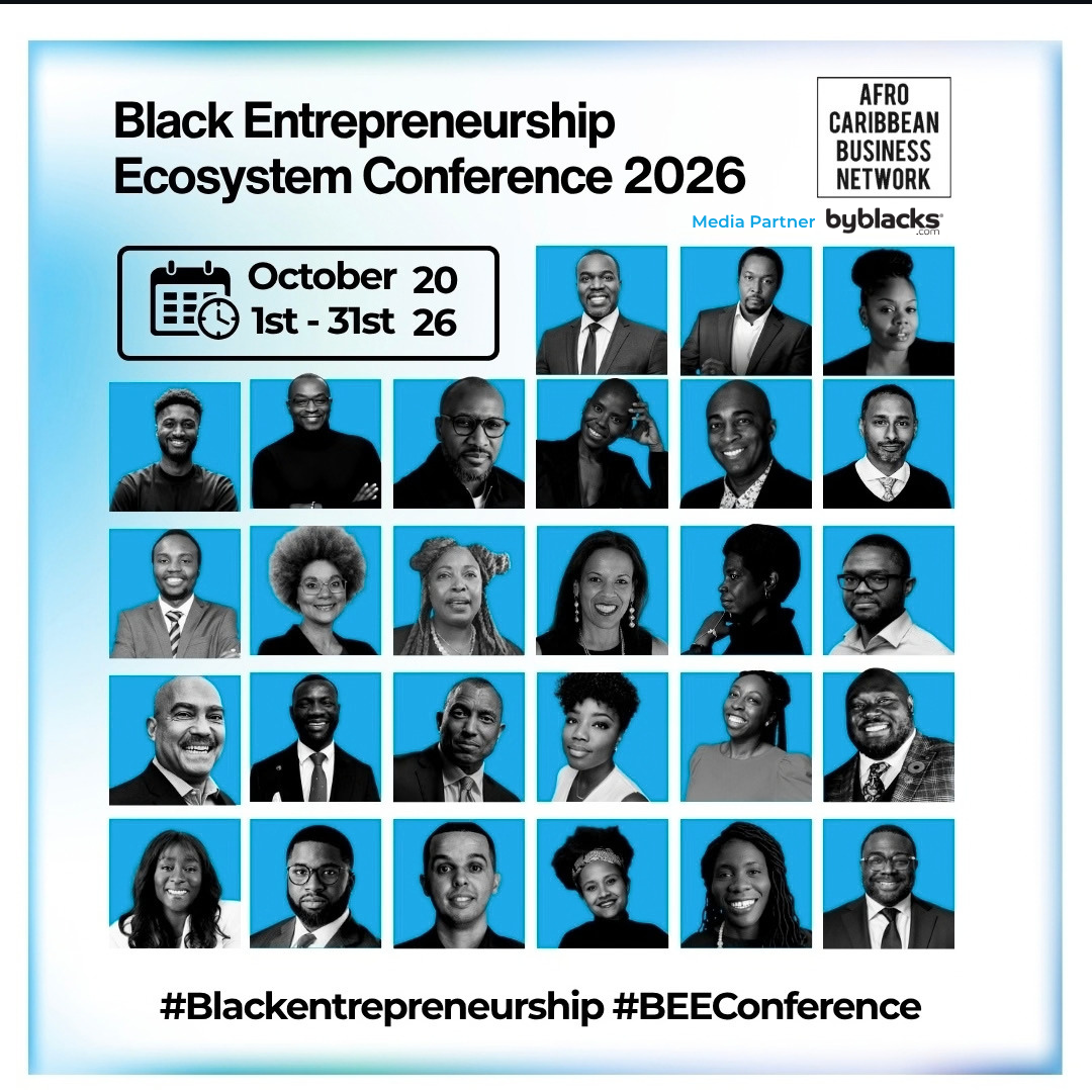 Promotional graphic for the Black Entrepreneurship Ecosystem Conference 2026, featuring event dates, partner logos, and a grid of 27 Black professional portraits on blue backgrounds.
