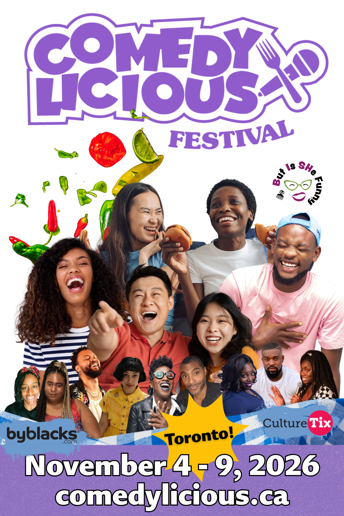 Comedylicious Festival poster featuring a diverse group of laughing performers, colorful food imagery, and the text “November 4–9, 2026” and “comedylicious.ca.”