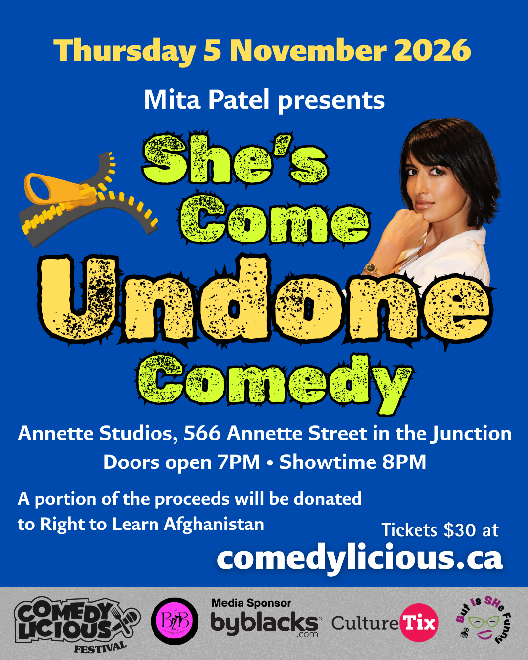 A promotional comedy event poster on a deep blue background. Large yellow text at the top reads “Thursday 5 November 2026,” followed by “Mita Patel presents” in white. The central title, “She’s Gone Undone Comedy,” appears in large distressed lime-green and pale-yellow lettering with black outlines. A stylized illustration of a saxophone and musical notes appears on the left, while a photograph of comedian Mita Patel, wearing a white outfit and resting her chin on her hand, appears on the right. White text below provides the venue, schedule, donation information, ticket price, and website. A gray strip along the bottom contains festival and sponsor logos.