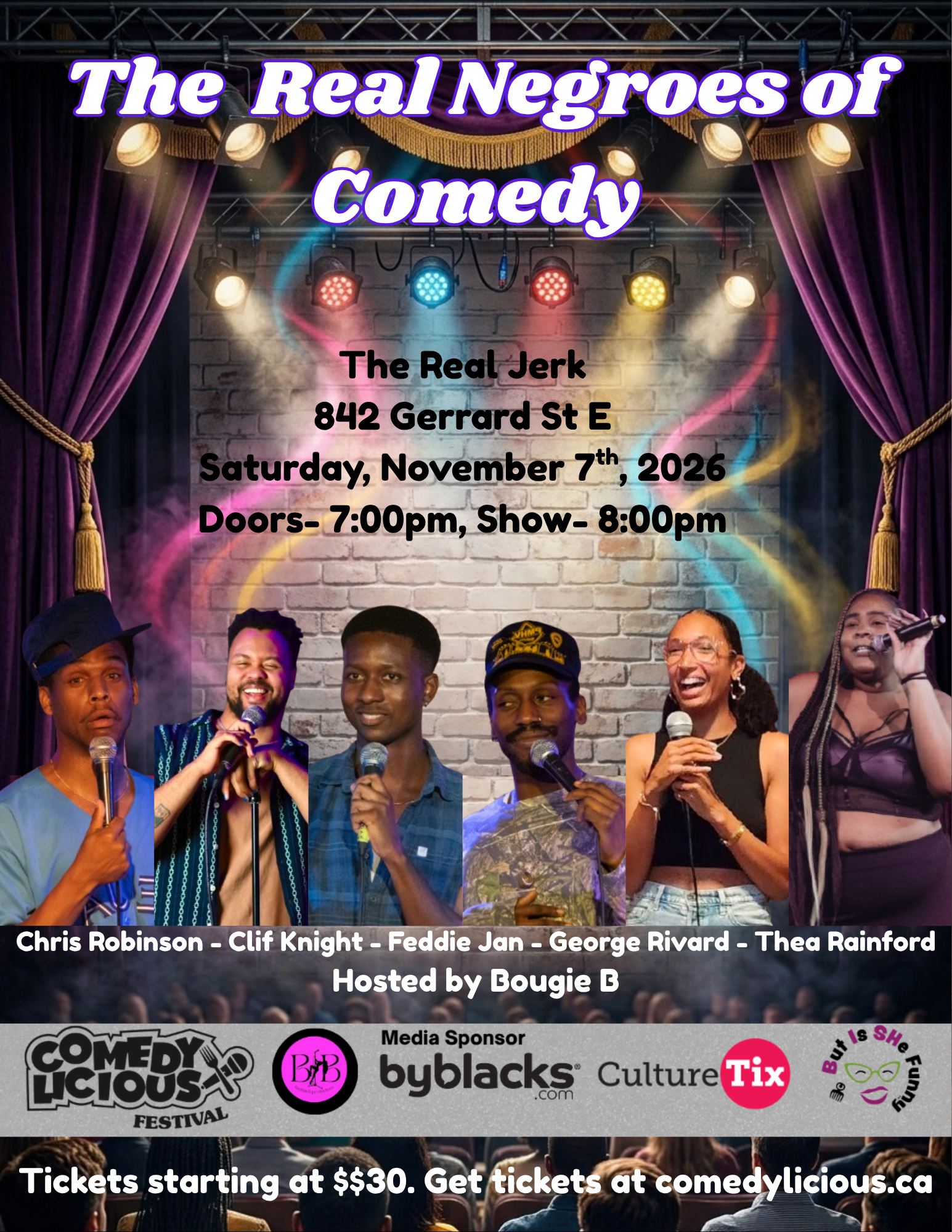 A vertically oriented comedy-show poster designed like a theater stage. Purple curtains frame a brick backdrop illuminated by colorful red, blue, yellow, and white stage lights, with haze and multicolored beams across the stage. Large white lettering with purple outlines at the top reads “The Real Negroes of Comedy.” Below it, black text lists the venue, address, date, and show times. Six Black comedians are pictured across the lower half, each holding a microphone. A dark audience silhouette appears along the bottom. Sponsor and festival logos are displayed in a gray band above the ticket information.