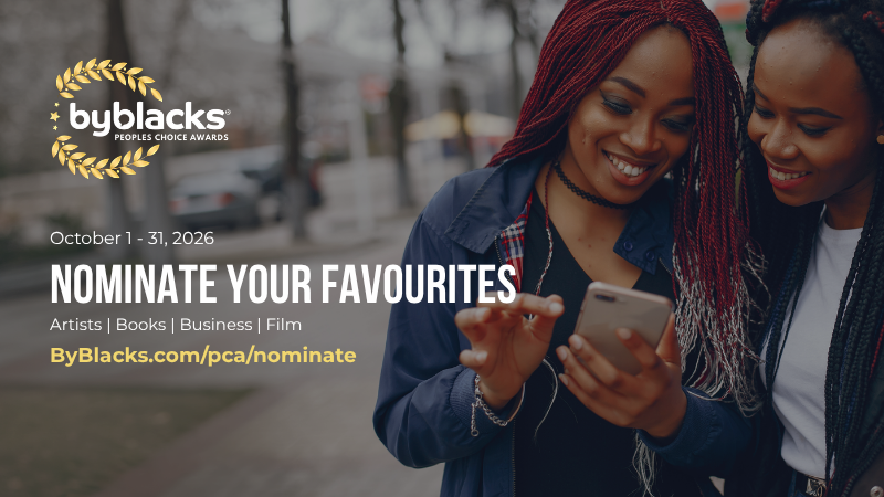 A wide promotional banner for the ByBlacks People’s Choice Awards. The left side shows a yellow laurel wreath surrounding the white “byblacks” logo and the smaller phrase “PEOPLE’S CHOICE AWARDS.” Centered white text announces the nomination period and categories against a blurred outdoor scene with trees and a walkway. On the right, two smiling women stand close together; one holds a smartphone while both look toward its screen. The banner uses white and yellow text over a darkened photographic background.