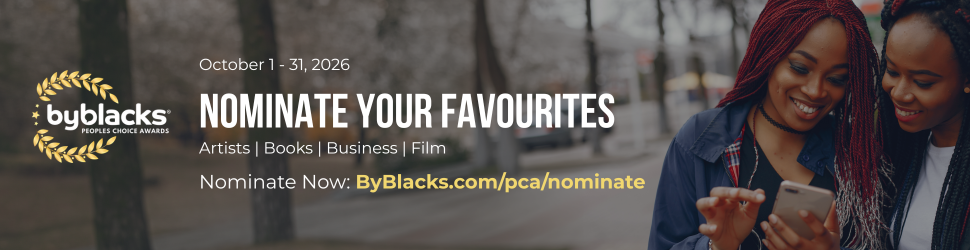 A wide promotional banner for the ByBlacks People’s Choice Awards. The left side shows a yellow laurel wreath surrounding the white “byblacks” logo and the smaller phrase “PEOPLE’S CHOICE AWARDS.” Centered white text announces the nomination period and categories against a blurred outdoor scene with trees and a walkway. On the right, two smiling women stand close together; one holds a smartphone while both look toward its screen. The banner uses white and yellow text over a darkened photographic background.