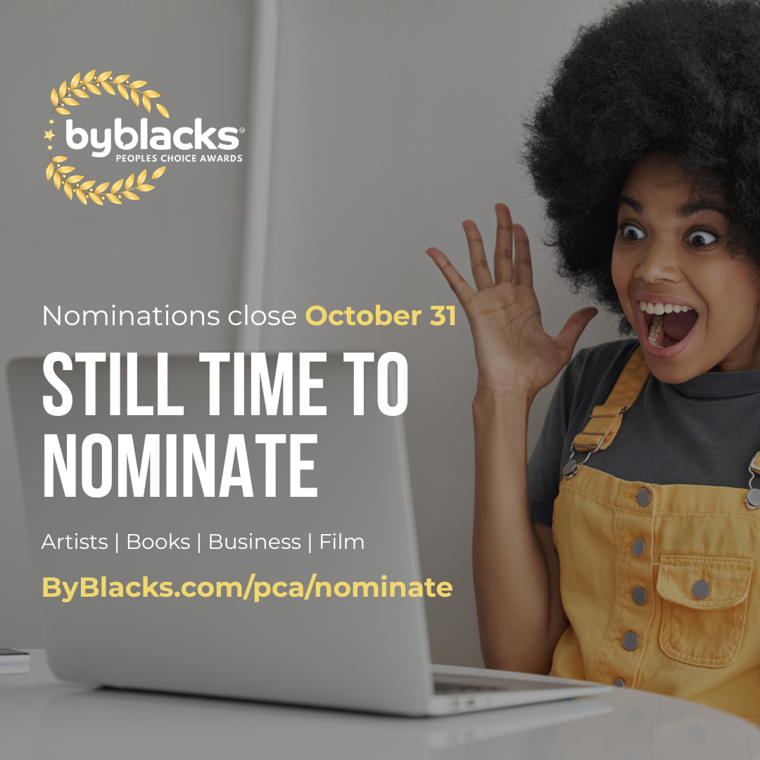 A young woman with curly hair excitedly interacts with a laptop. The text overlay promotes the ByBlacks People's Choice Awards, mentioning nominations will close on October 31.