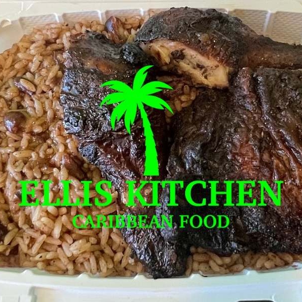 Ellis Kitchen Ellis Kitchen Caribbean Food - Jerk chicken with rice and peas 600x600px