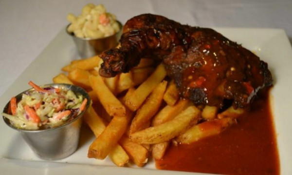 Jerk Chicken with Fries and Cole Slaw