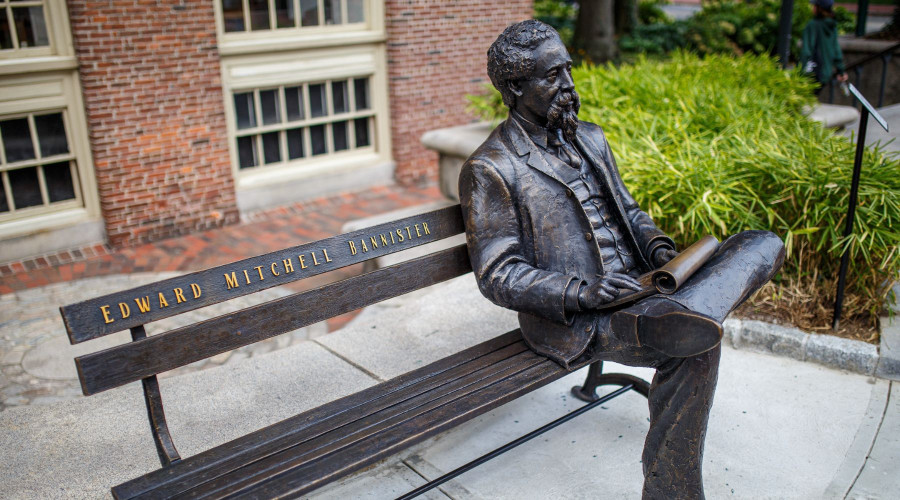 Bronze statue of Edward Mitchell Bannister, Market Square, Providence Rhode Island. Artist: Gage Prentiss. (Photo by Kenneth C. Zirkel. C BY-SA 4.0/ Wikimedia)