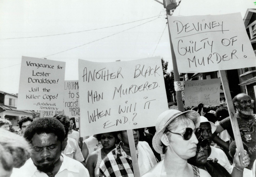 A Toronto protest in 1988 over the police shooting death of Lester Donaldson