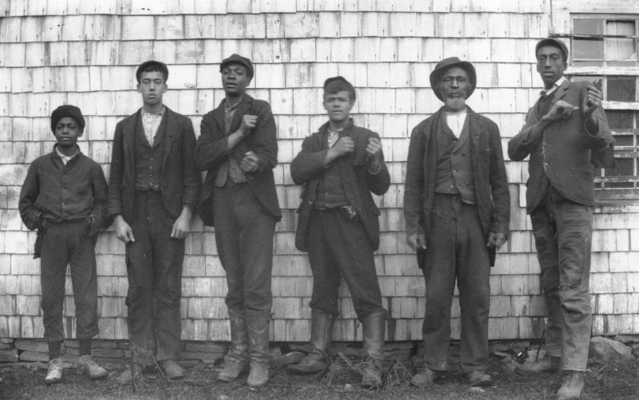 L-R: Alfred Skinner (George's son), John Skinner (Godfrey's son) George Skinner Jr., Isaac Dorrington (a cousin), John Smothers (Smithers) my great great grandfather, and Arthur Henderson. Date: 1895 Photographer: William H. Buckley. Reference: Buckley family Nova Scotia Archives