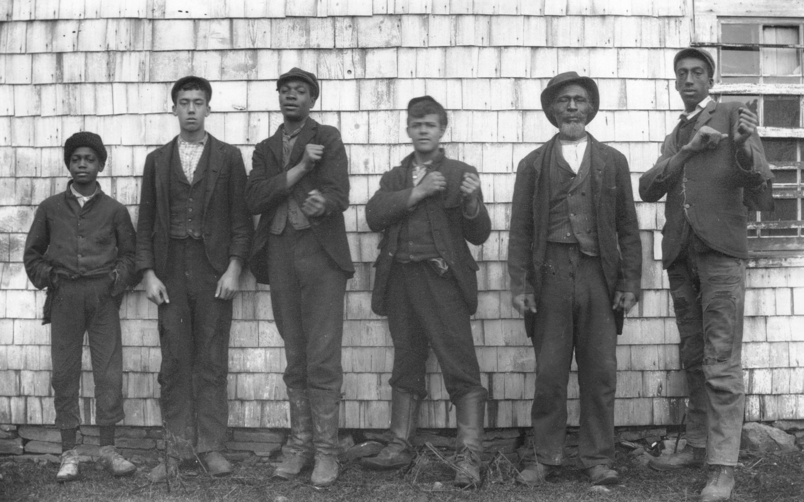 L-R: Alfred Skinner (George's son), John Skinner (Godfrey's son) George Skinner Jr., Isaac Dorrington (a cousin), John Smothers (Smithers) my great great grandfather, and Arthur Henderson. Date: 1895 Photographer: William H. Buckley. Reference: Buckley family Nova Scotia Archives